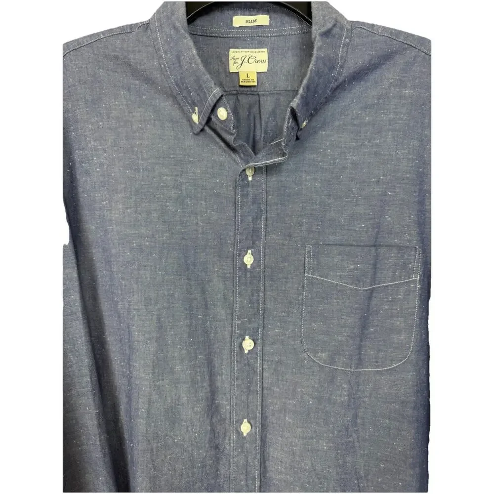 J.Crew Men s Blue Denim Shirt Large Slim Fit Long Sleeves Button Up‎ 100% Cotton